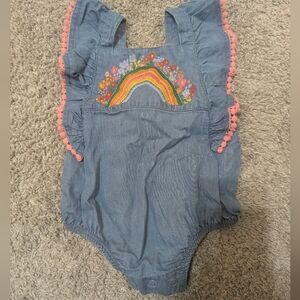 Mud Pie Rainbow Embroidered Romper with Pink Trim